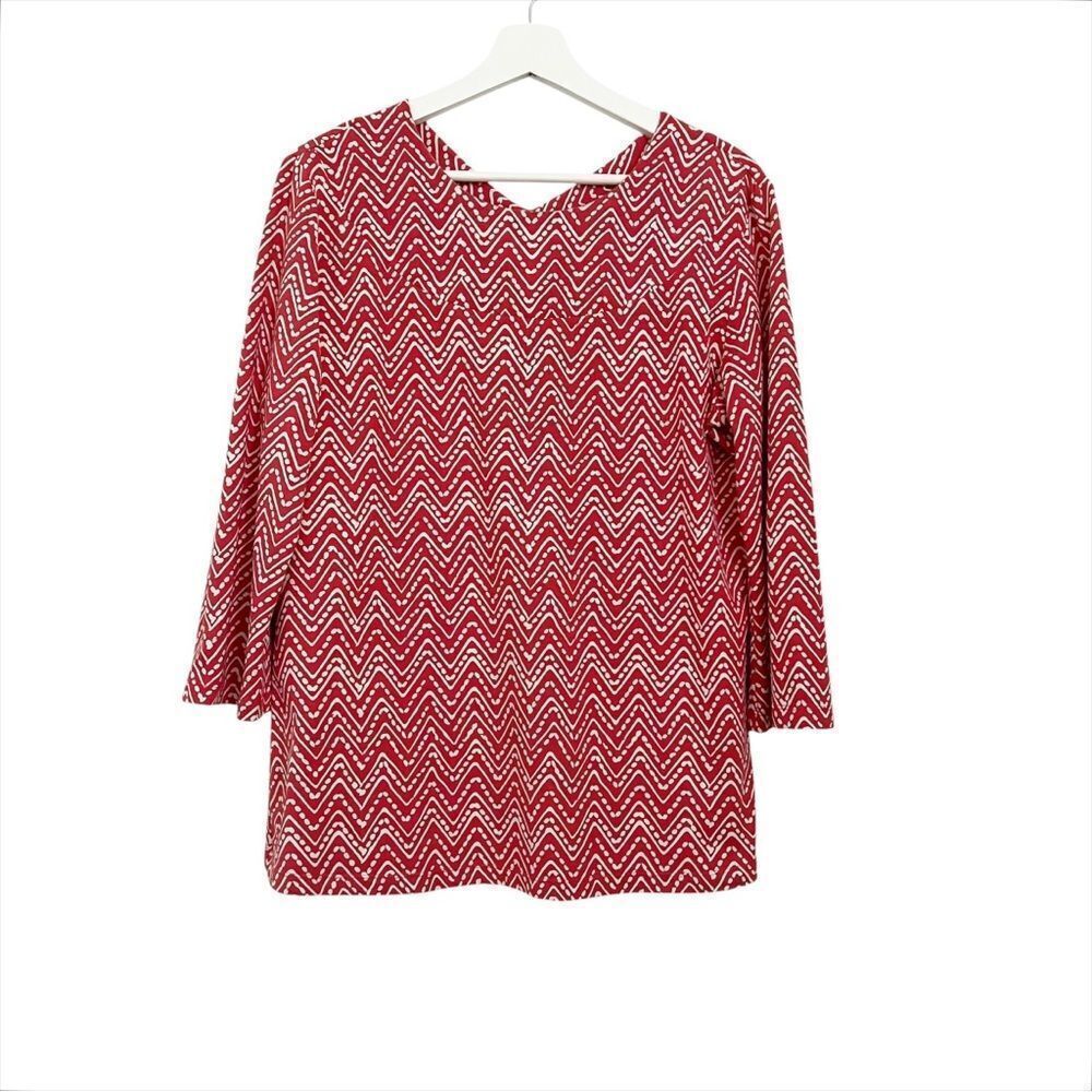 J. McLaughlin Orange & White Chevron 3/4 Sleeves Top